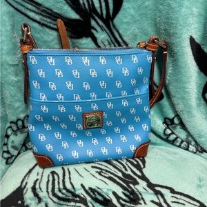 Dooney & Bourke Blue Monogram Crossbody with Brown Leather Trim